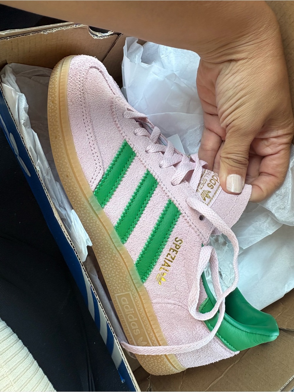 New adidas with box pink with green stripes for women